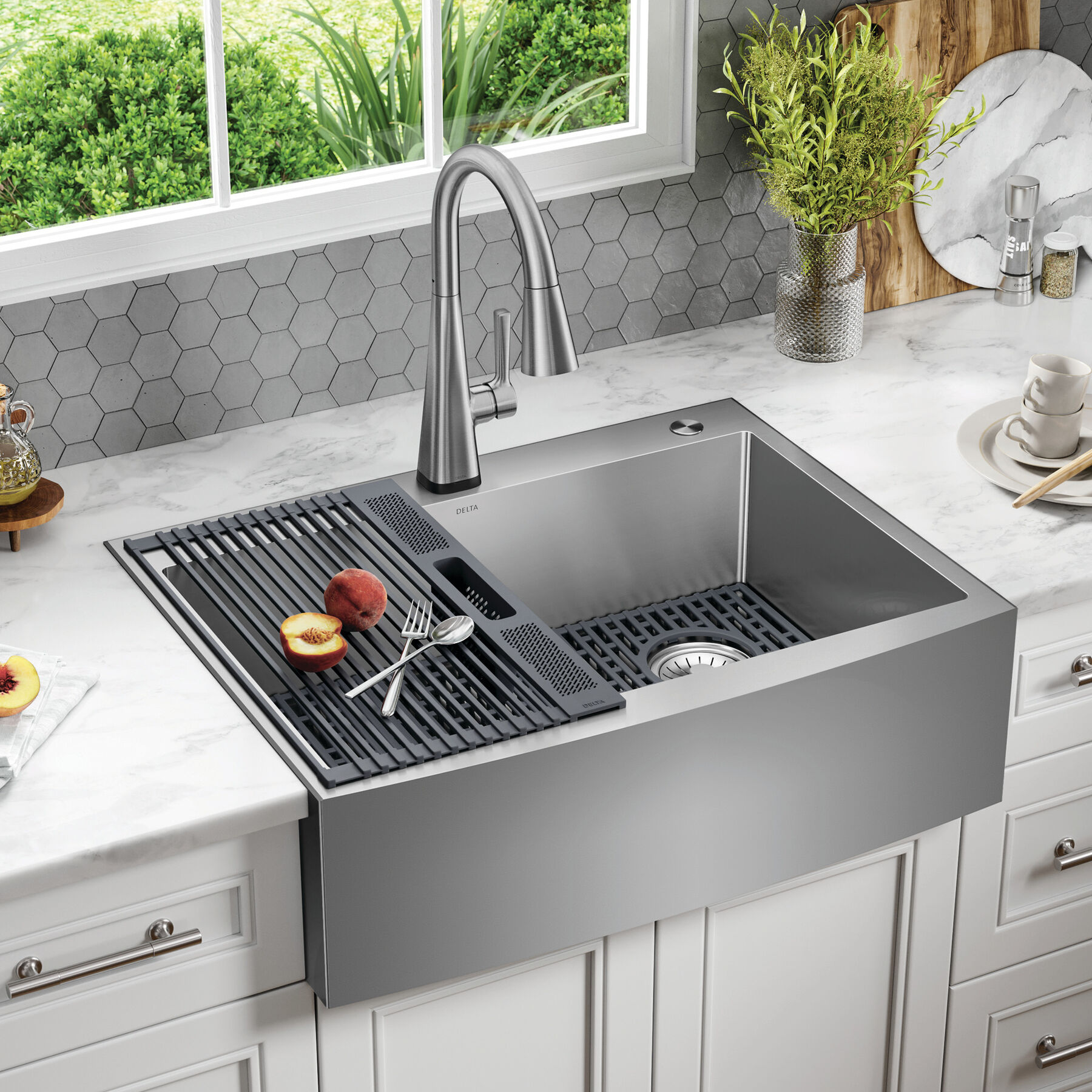 Lavabo de cocina para reacondicionamiento estilo campestre/borde delantero con un receptáculo de acero inoxidable calibre 16 de 30", para instalación de montaje bajo encimera/encastrado con accesorios, imagen 11